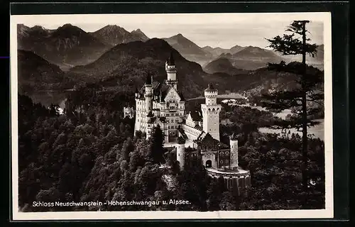 AK Neuschwanstein, Schlossansicht mit Hohenschwangau, Alpsee