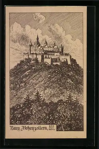Künstler-AK Burg Hohenzollern aus der Ferne betrachtet