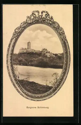 AK Burgruine Schönburg von der gegenüberliegenden Flussseite
