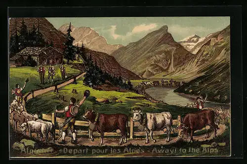 Künstler-AK Aufbruch auf die Alm