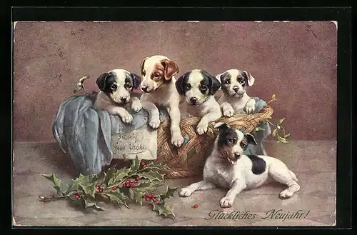Künstler-AK Korb mit Hundewelpen - Neujahrsgruss
