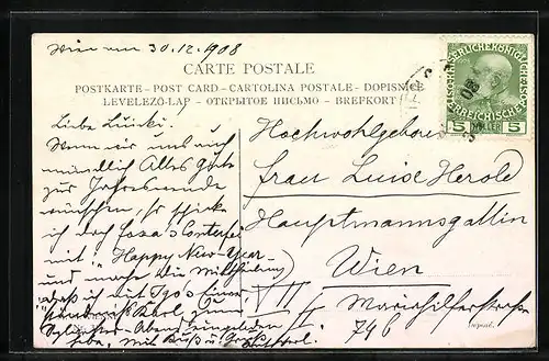 Künstler-AK Korb mit Hundewelpen - Neujahrsgruss