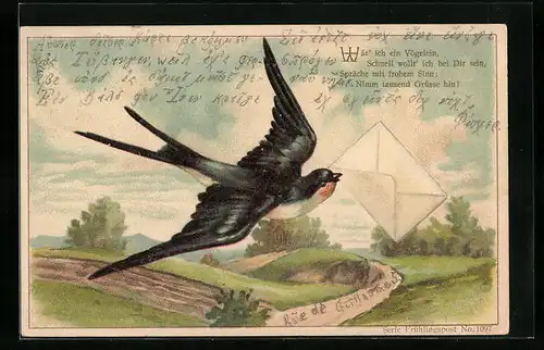 Präge-AK Fliegende Schwalbe mit Brief über Landschaft