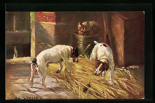 Künstler-AK Zwei Hunde bei der Mäusejagd im Stall
