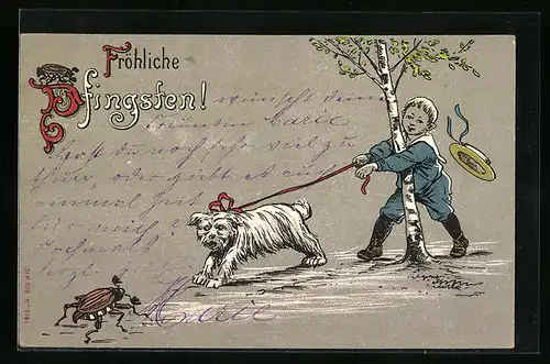 Künstler-AK Knabe mit Hund, der einen Maikäfer jagt - Pfingstgruss