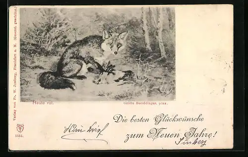 Künstler-AK Heute rot - Fuchs mit Beutevogel