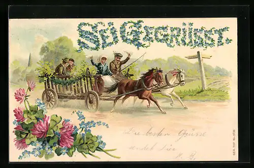 Präge-AK Fröhliche Kutschfahrt im Frühling