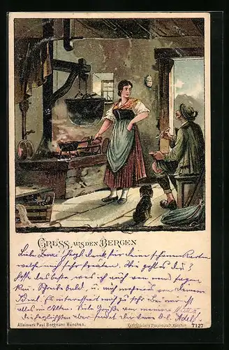 Künstler-AK Bayerisches Paar mit Dackel in der Stube