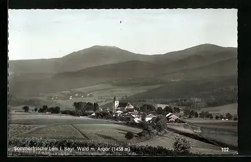 AK Lam i. Bayr. Wald, Ortsansicht mit Blick in die Berge
