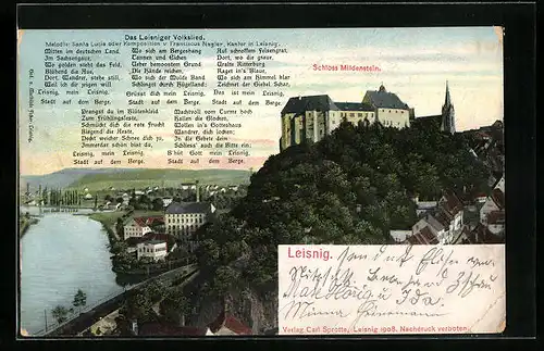 AK Leisnig, Ortsansicht mit Schloss Mildenstein, Das Leisniger Volkslied