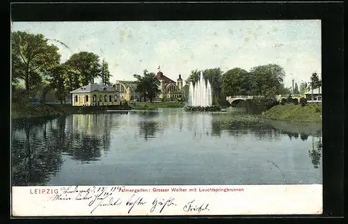 AK Leipzig, Palmengarten, Grosser Weiher mit Leuchtspringbrunnen