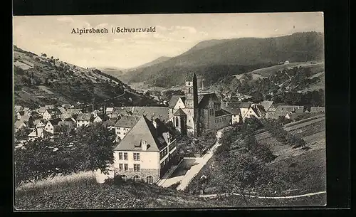 AK Alpirsbach i. Schwarzwald, Gesamtansicht mit Kirche und Blick ins Tal