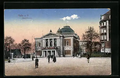 AK Halle a. d. Saale, Stadttheater mit Besuchern