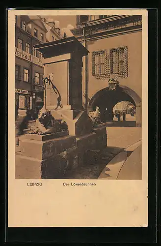 AK Leipzig, Der Löwenbrunnen neben einem Tor