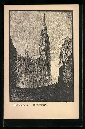 Künstler-AK Hamburg, Ansicht der Nicolaikirche