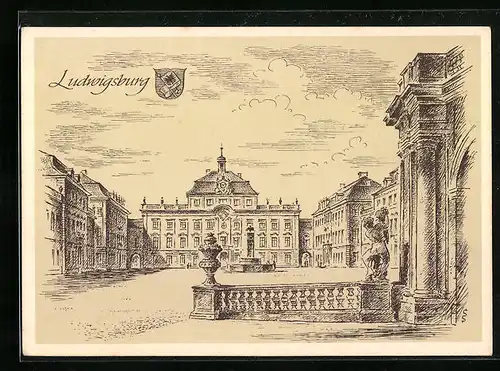 Künstler-AK Ludwigsburg, Partie am Schloss, Wappen