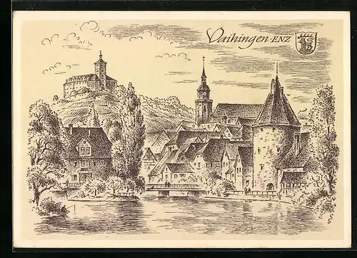 Künstler-AK Vaihingen /Enz, Partie am Ufer, Wappen