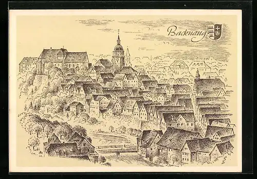 Künstler-AK Backnang, Ortspartie aus der Vogelschau, Wappen