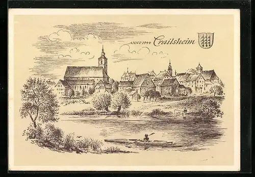 Künstler-AK Crailsheim, Ortspartie mit Kirche vom Wasser aus, Wappen
