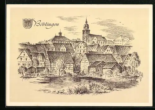 Künstler-AK Böblingen, Ortspartie mit Teich, Wappen