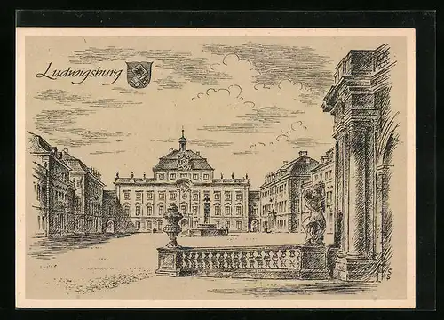 Künstler-AK Ludwigsburg, Partie am Schloss, Wappen