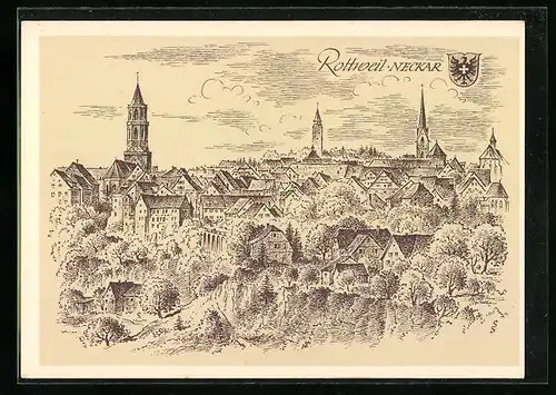 Künstler-AK Rottweil /Neckar, Ortsansicht aus der Vogelschau, Wappen