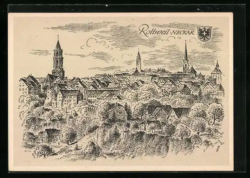 Künstler-AK Rottweil /Neckar, Ortsansicht mit Kirche, Wappen
