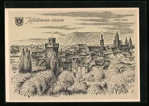 Künstler-AK Heilbronn /Neckar, Ortsansicht aus der Vogelschau, Anno 1944
