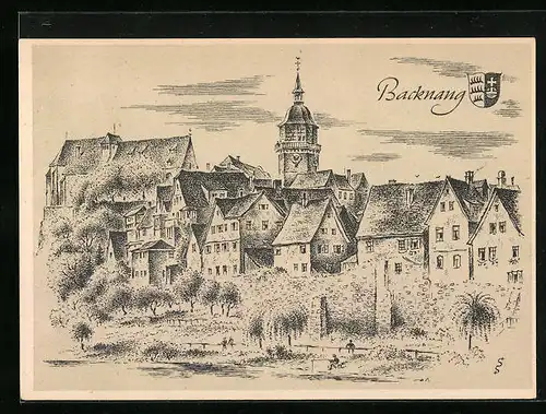 Künstler-AK Backnang, Totalansicht mit Kirchturm