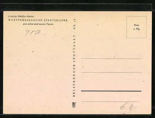 Künstler-AK Backnang, Totalansicht mit Kirchturm