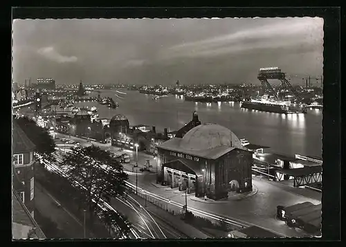 AK Hamburg-St.Pauli, St.-Pauli-Landungsbrücken bei Nacht, Elbtunnel