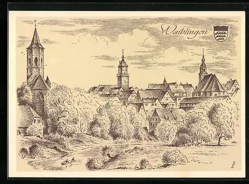 Künstler-AK Waiblingen, Ortsansicht mit Kirche, Wappen
