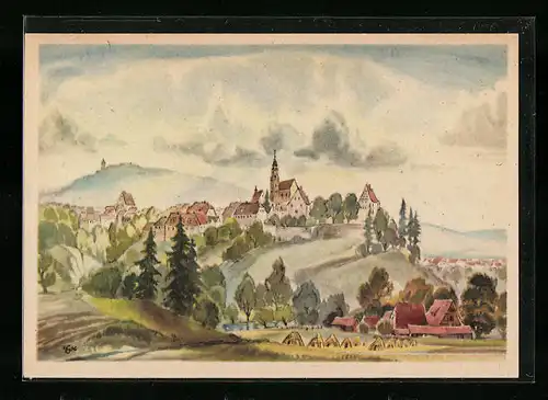 Künstler-AK Leonberg, Ortsansicht mit Engelsburg