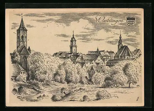 Künstler-AK Waiblingen, Ortsansicht mit Fluss, Wappen