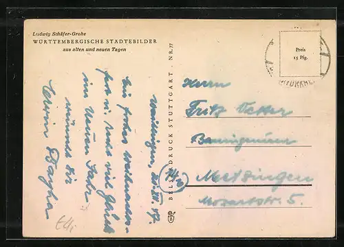 Künstler-AK Waiblingen, Ortsansicht mit Fluss, Wappen