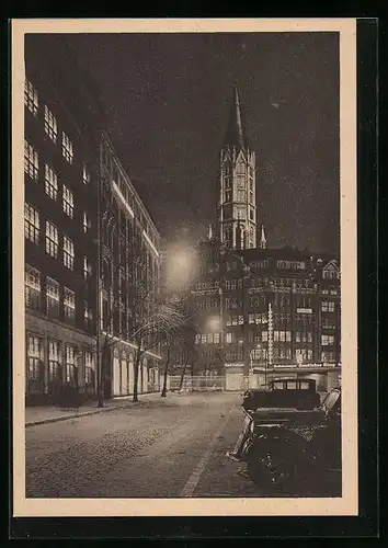 AK Hamburg, Pferdemarkt und Jacobikirche bei nächtlicher Beleuchtung