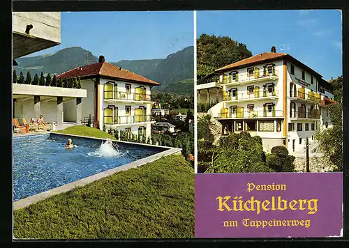 AK Meran, Pension Küchelberg, am Tappeinerweg, Aussenanlage mit Pool