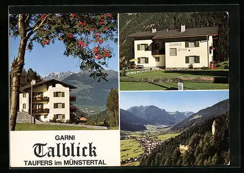 AK Taufers /Münstertal, Pension Garni Talblick, Hauptstrasse 144, Ortsansicht mit Burgruine