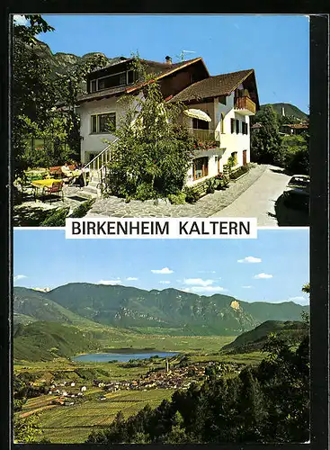 AK Kaltern, Pension Birkenheim, Ortsansicht vor Bergpanorama