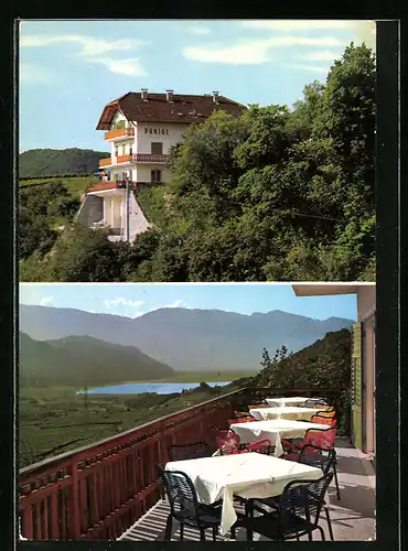 AK Kaltern bei Bozen, Hotel-Pension Panigl, an der Weinstrasse 19, bestuhlte Terrasse