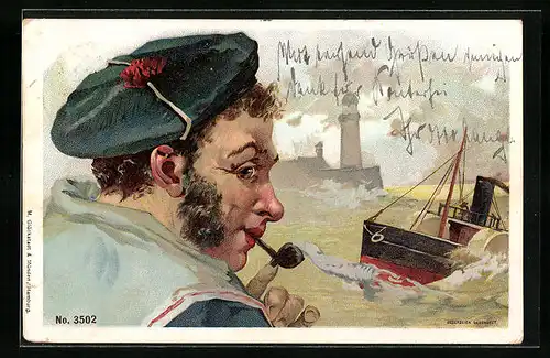Künstler-AK Matrose der kaiserlichen Marine gemütlich eine Pfeife rauchend