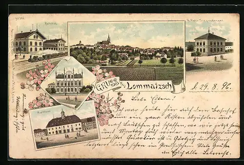 Lithographie Lommatzsch, Gesamtansicht mit Bahnhof und Rathaus