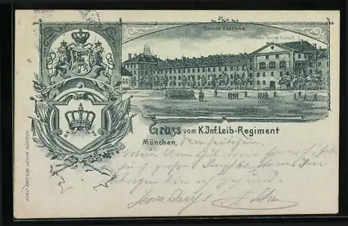 AK München, K. Inf. Leib.-Regiment, Türken-Kaserne mit Wappen