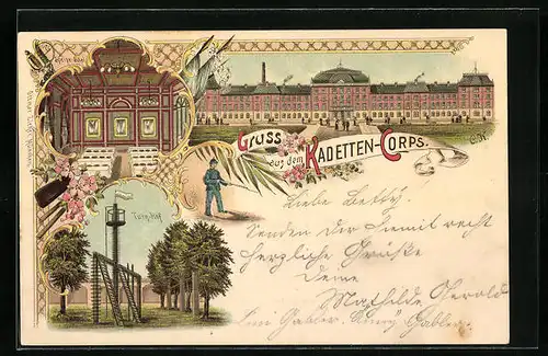 Lithographie München, Kadetten-Corps mit Turn-Hof und Speise-Saal, Marsplatz