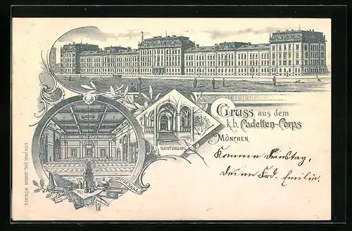 Lithographie München, Kadetten-Corps mit Haupteingang und Speisesaal, Stadtpost