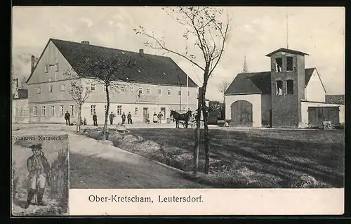 AK Leutersdorf, Gasthof Ober-Kretscham v. Johannes Karaseck mit Feuerwehrhaus