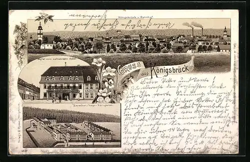 Lithographie Königsbrück, Totalansicht mit Hotel zum schwarzen Adler