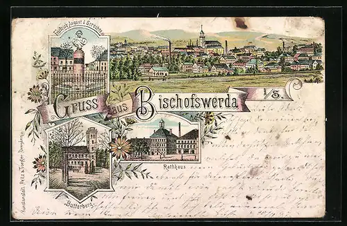 Lithographie Bischofswerda i. S., Gesamtansicht mit Rathaus