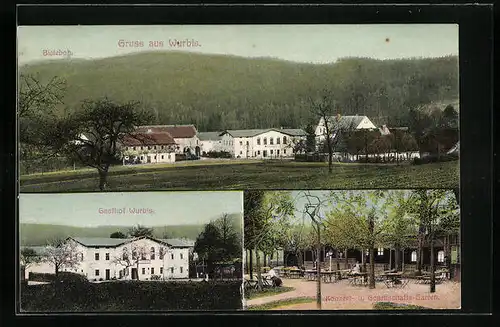 AK Wurbis, Ortsansicht mit Gasthof und Konzert- und Gesellschafts-Garten