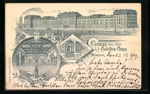 Lithographie München, Kadetten-Corps mit Haupteingang und Speisesaal
